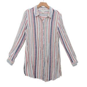Artisan NY Shirt Womens Large Blue Linen Striped Button Down Coastal Nautical